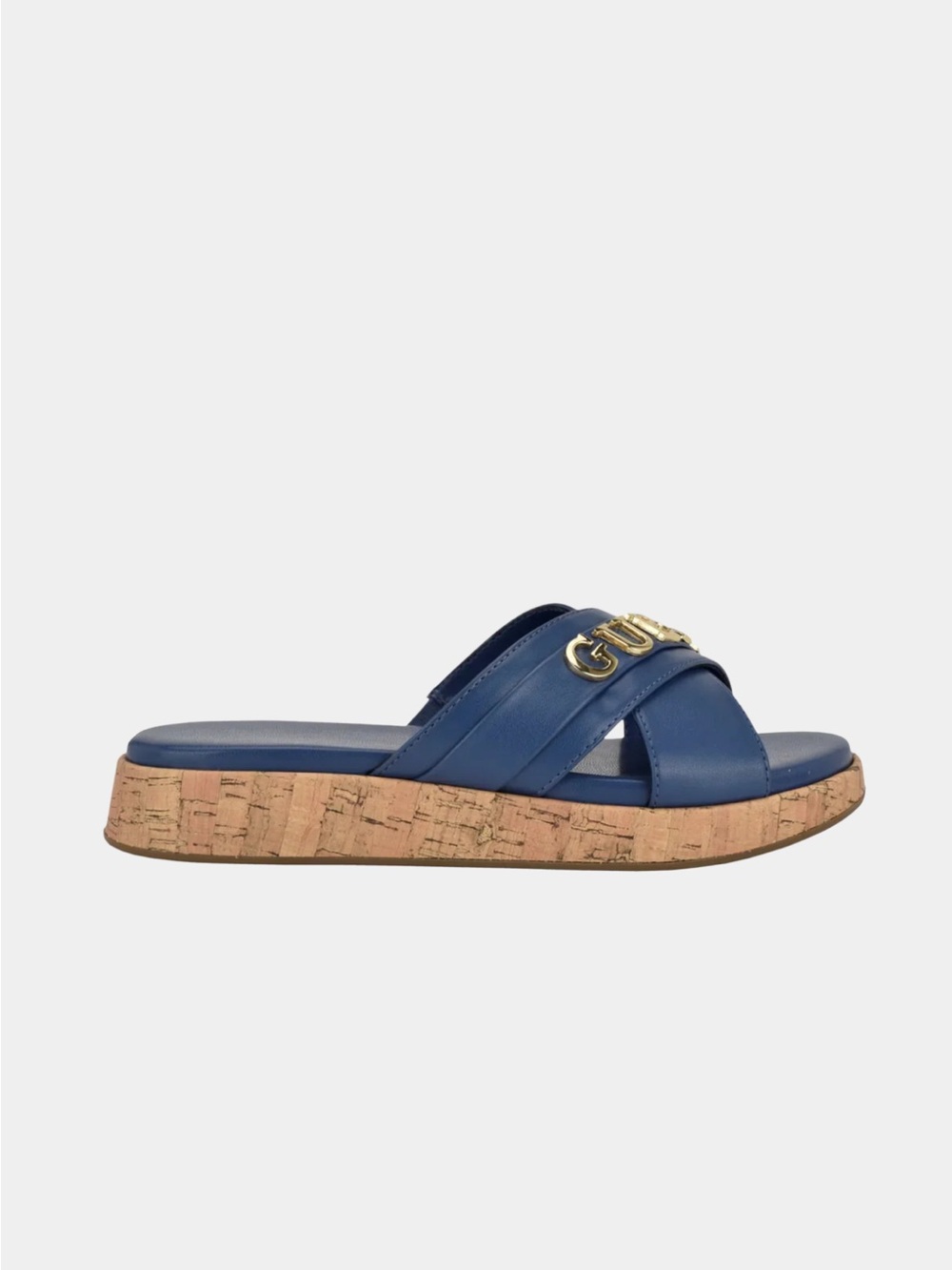 GUESS Navy Blue Cork Wedge Slide Sandals with Gold Logo